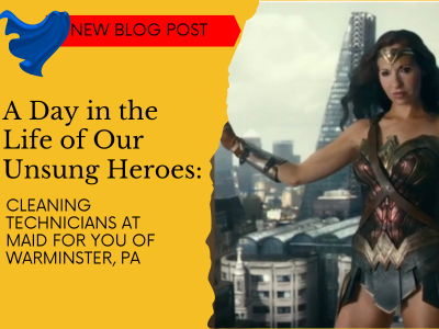 Photo with lisa ciao from maid for you as wonder woman with London in the background and the words " a day in the life of our unsung heroes:" Cleaning Technicians at Maid For You of Warminster, PA