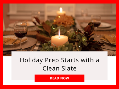 photo of thanksgiving table with candles and the words Holiday Prep Starts with a Clean Slate with a red border